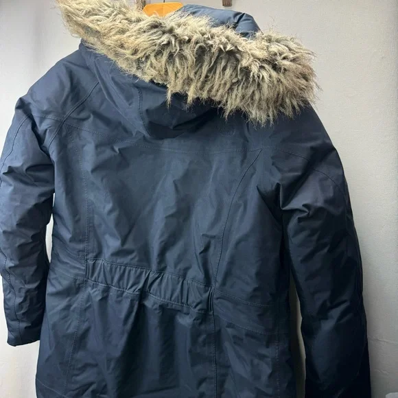 North Face Down Parka Fur Hood Navy Blue Women’s Large Long Coat Goosedown - Picture 6 of 10